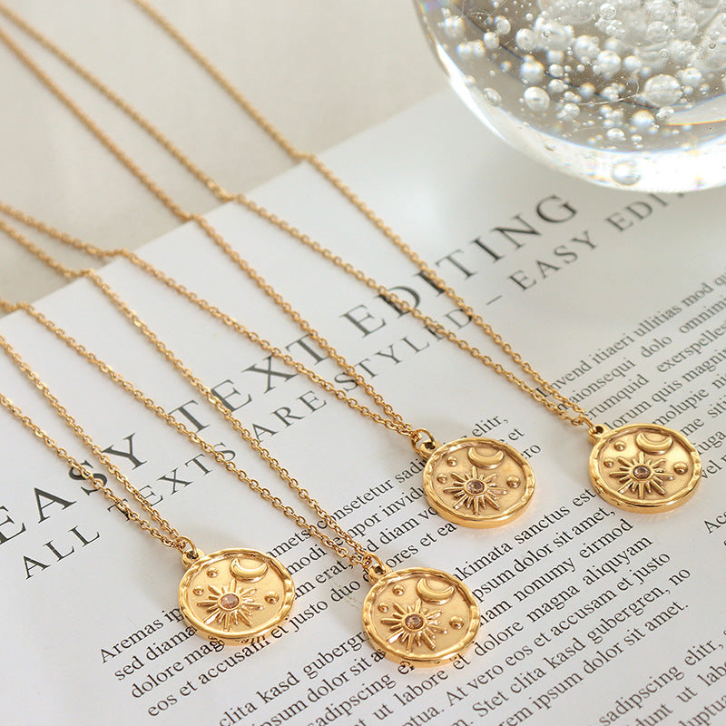 Geometric cold wind versatile zircon star and moon romantic necklace, titanium steel gold-plated round pendant necklace.
