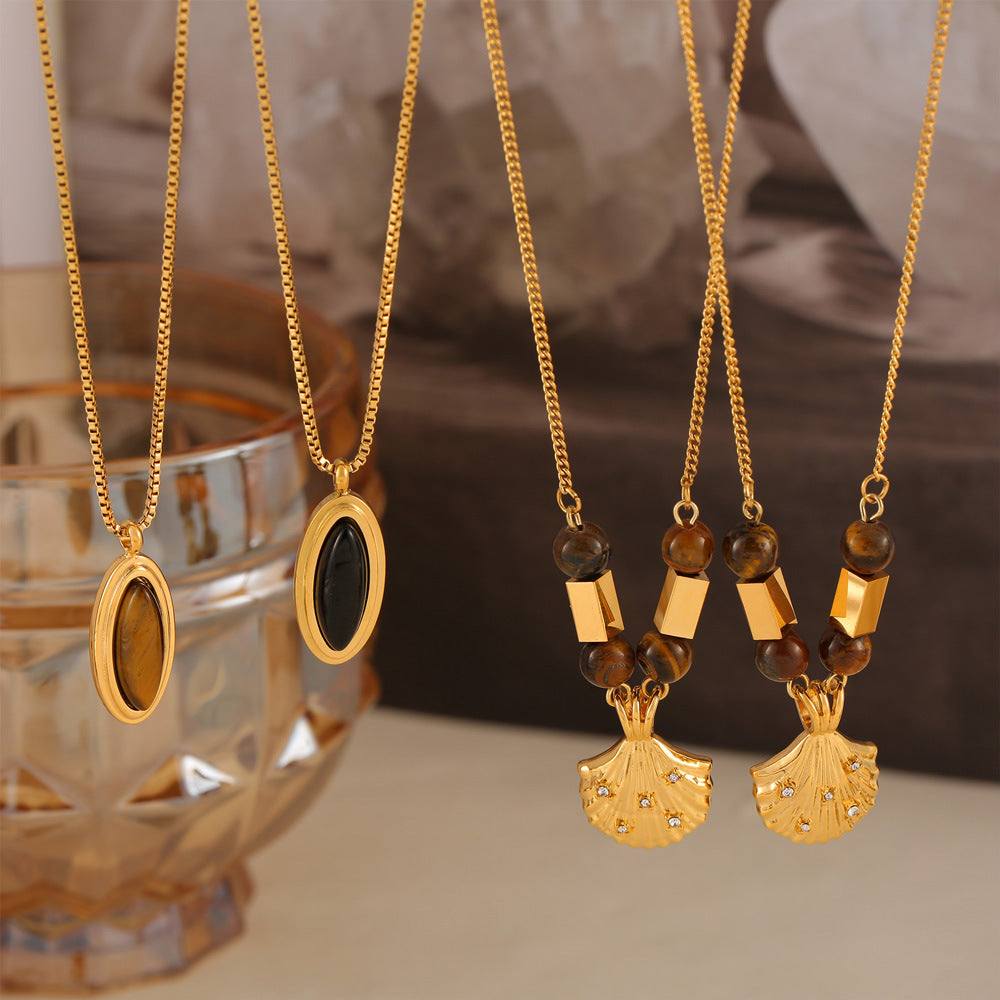 Vintage niche Vintage jewelry Tiger's eye stone pendant with diamond shell shape design titanium steel necklace