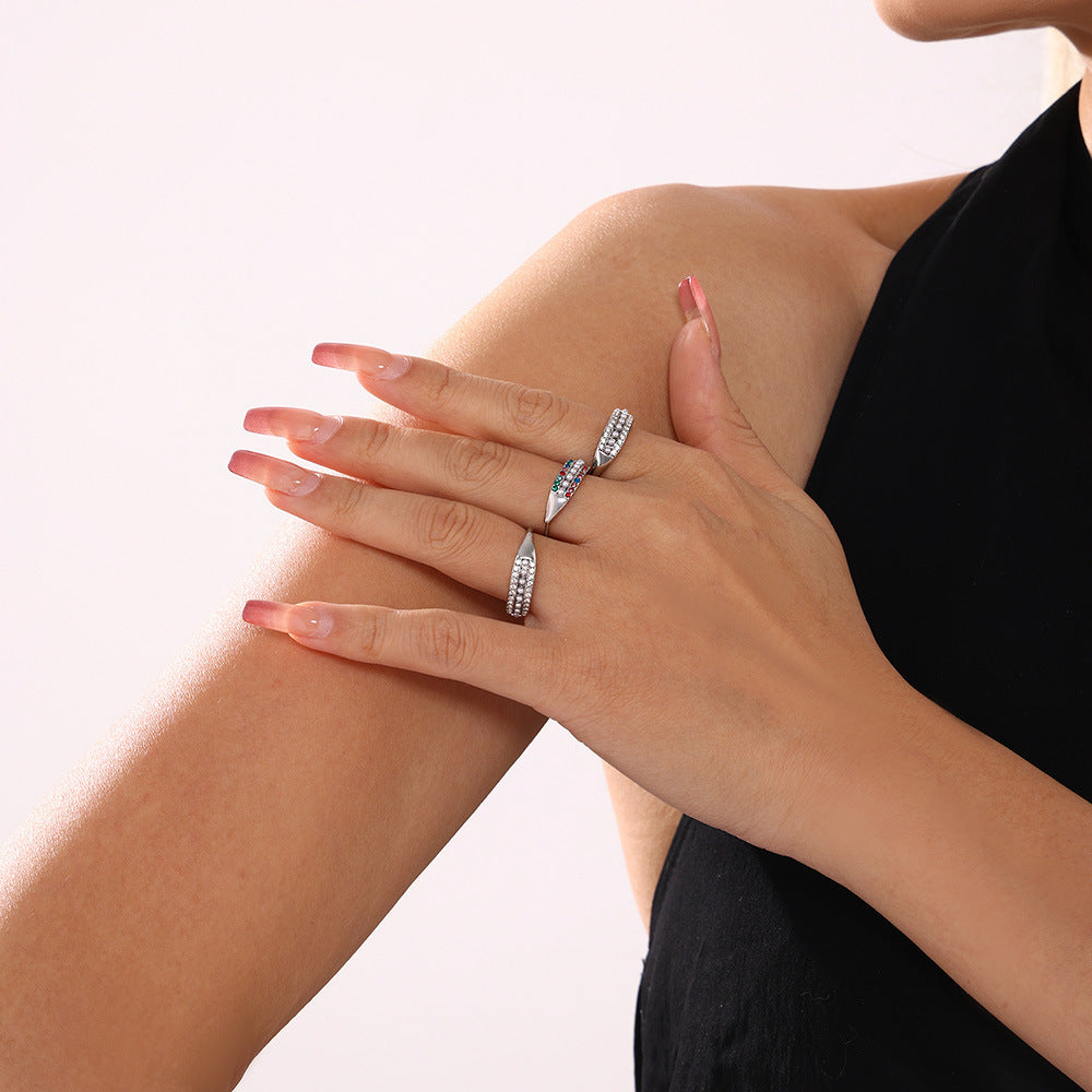 Adjustable exquisite small bead colored zircon side opening index finger ring tail ring stainless steel ring female pp