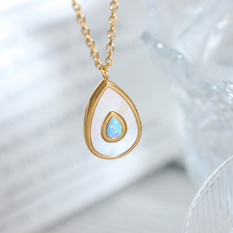 Cold Feng Shui Drop Shape Pendant Necklace Female, White Sea Pui'ao Gemstone Inlaid Versatile Fashion Clavicle Chain
