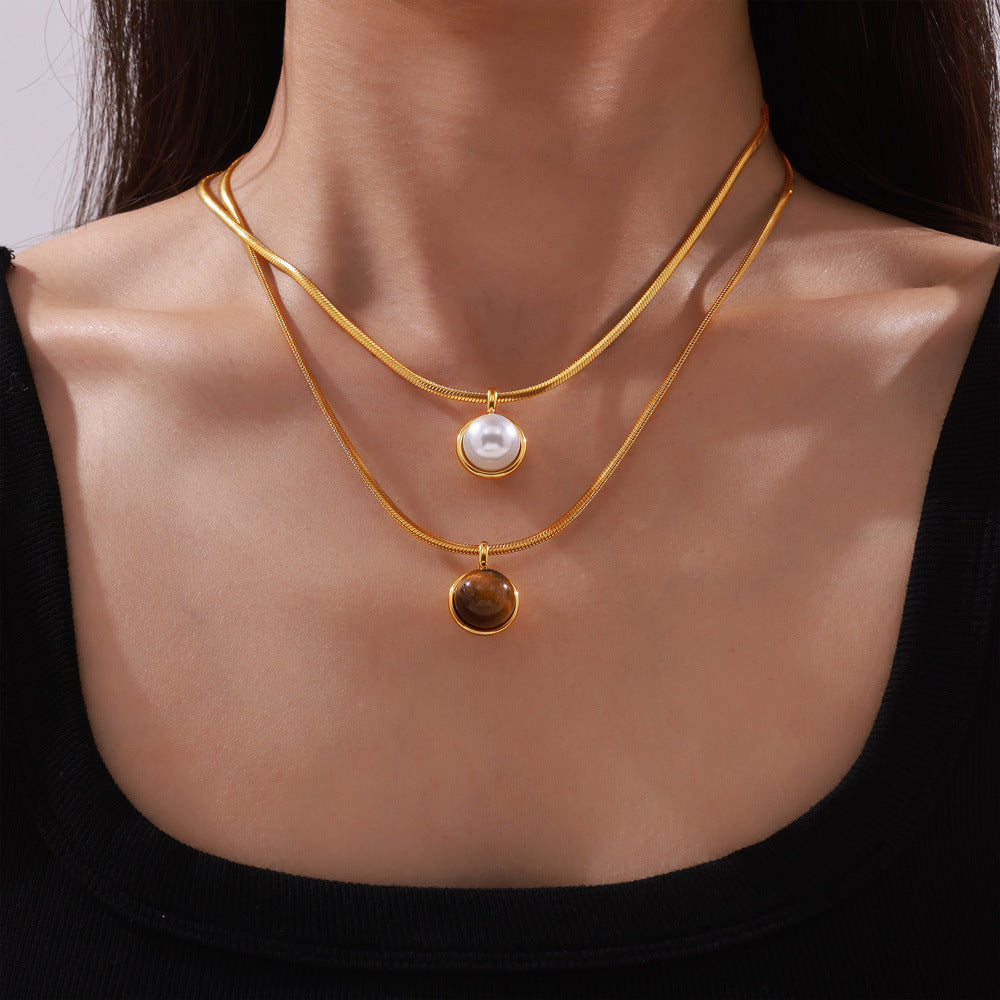 Retro niche personality temperament snake bone chain jewelry geometric inlaid beads tiger eye stone design pendant titanium steel necklace pp