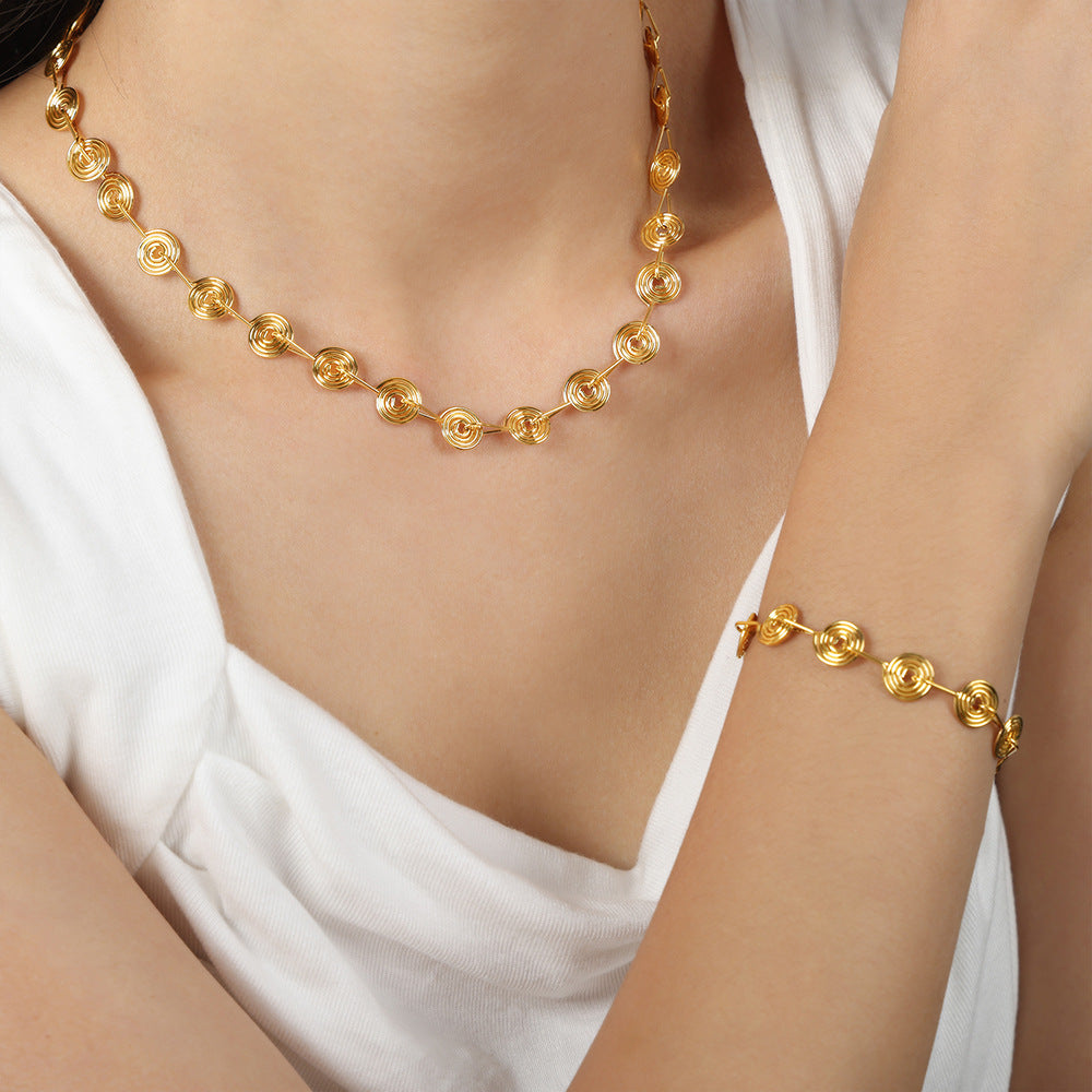 Fashion versatile style niche design titanium steel gold-plated ring hollow necklace bracelet set jewelry high sense