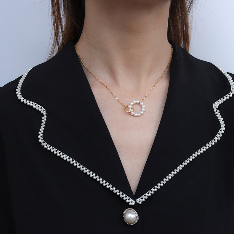 Vintage exquisite ring imitation pearl necklace chocker neck chain collarbone chain titanium steel jewelry spot