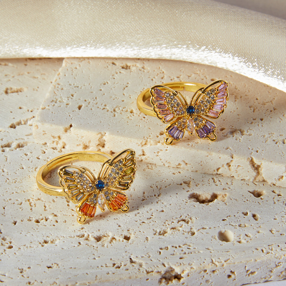 Fresh and elegant personality light luxury style diamond-set design butterfly shape ring Mori versatile copper ring