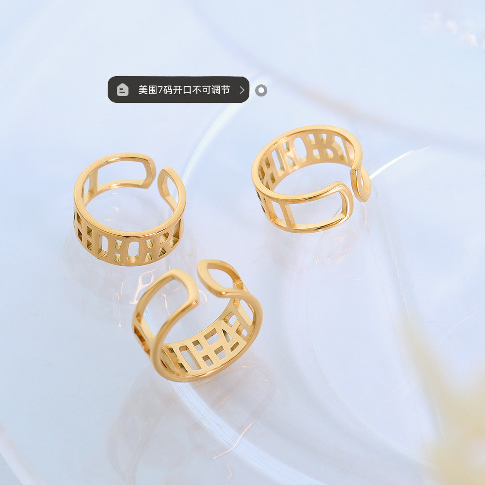 Open non-adjustable letter hollow ring, men's and women's titanium steel plated 18K real gold tail ring hand jewelry A269pp