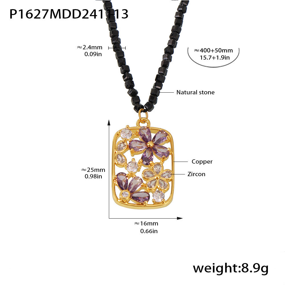 Color zircon small flower copper pendant necklace natural stone handmade beaded sugar cube luxury collarbone accessories spot