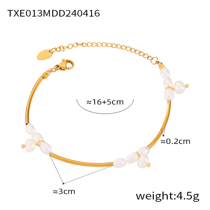 Light luxury temperament elegant jewelry geometric freshwater pearl beaded design titanium steel jewelry set