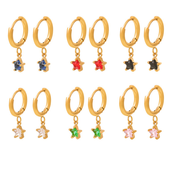 Hot-selling colorful glass diamond pentagram earrings, plated with 18K real gold niche stainless steel perforated earrings