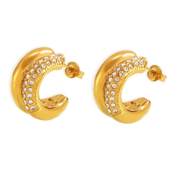 Retro double C sticky diamond earrings fashion temperament stainless steel 18K gold crescent shape does not fade simple earrings women 99
