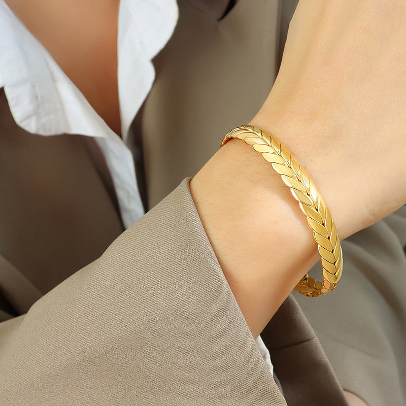 Non-fading opening design wheat ear bracelet personalized ring titanium steel gold-plated jewelry set Z192-A150