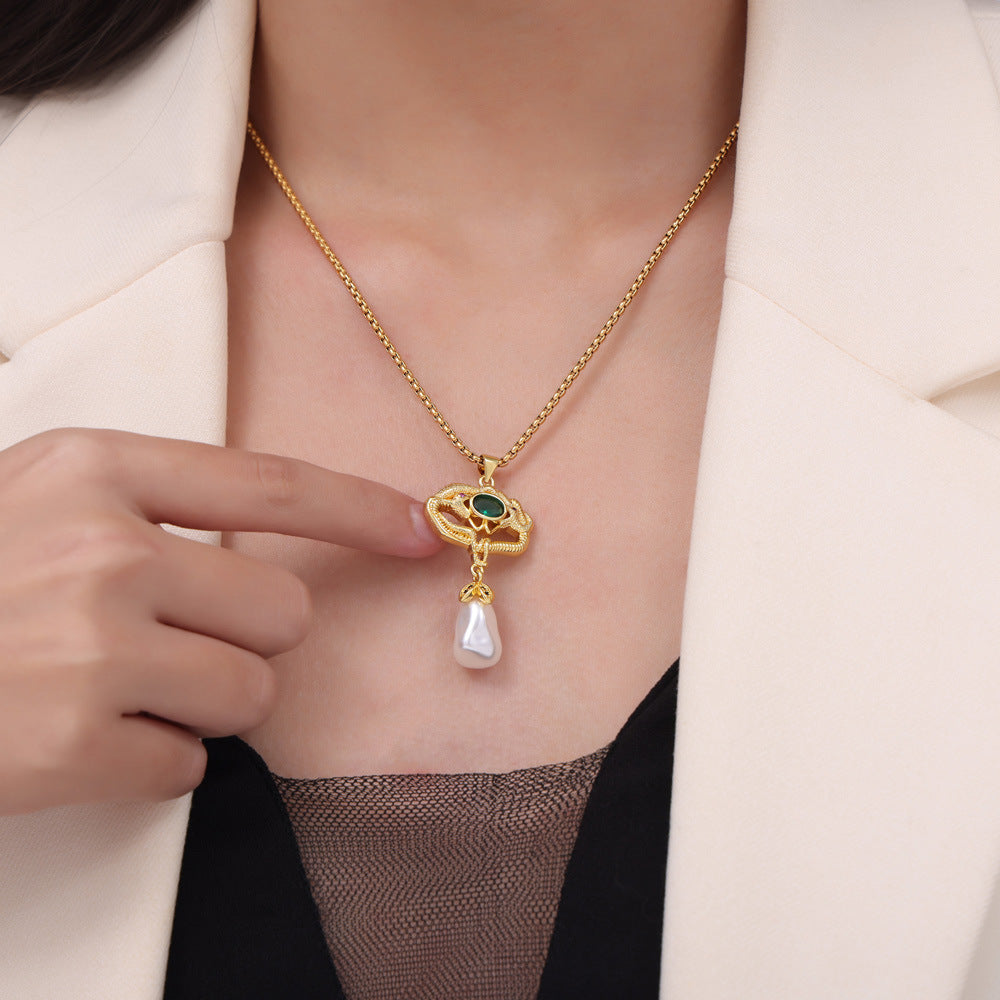 New cross-border retro court style light luxury copper material snake inlaid bead pendant necklace jewelry female pp