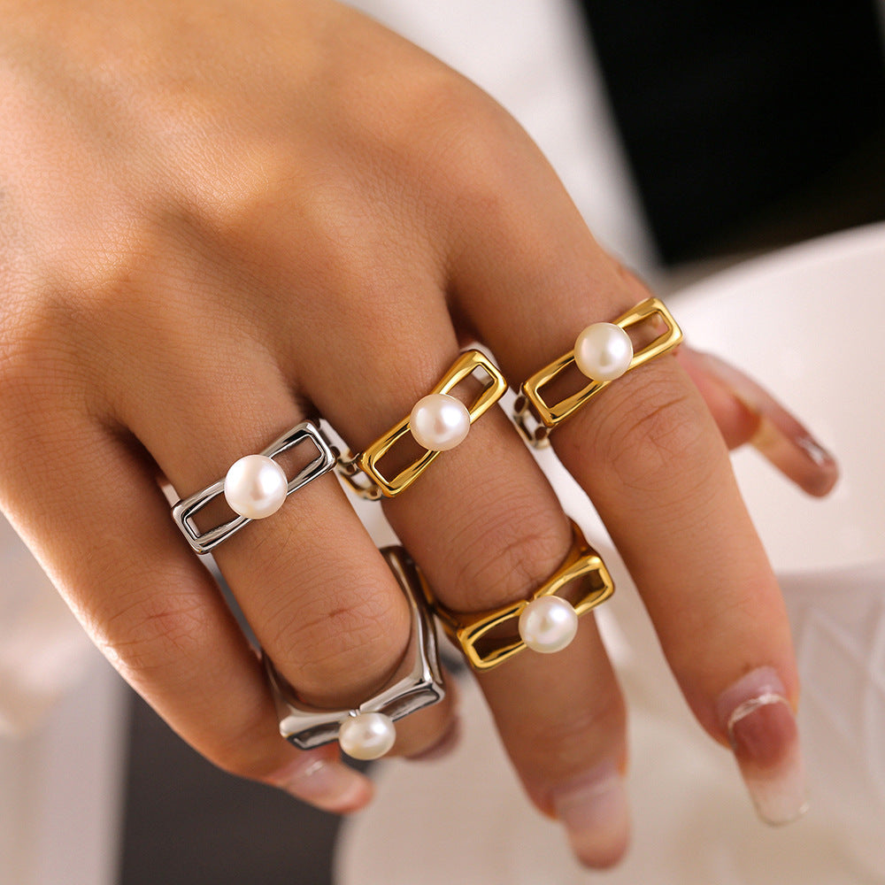 New gold square hollow pearl ring ins style niche open index finger ring stainless steel plated 18k gold 99