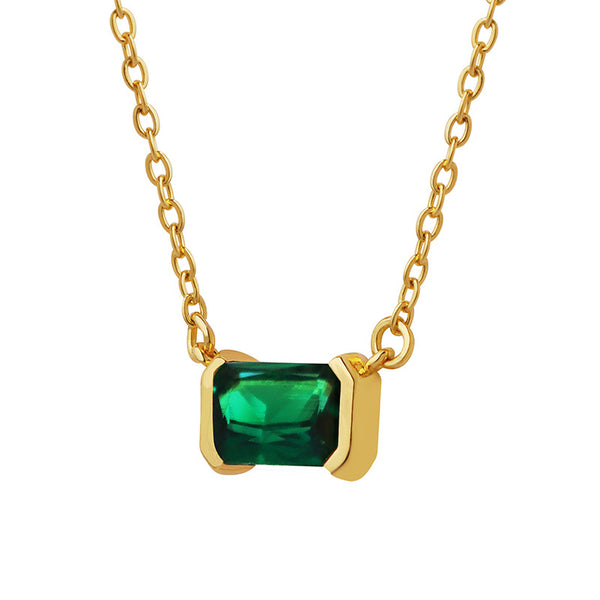Neutral style retro non-fading light luxury jewelry niche design square copper pendant inlaid with green zircon necklace