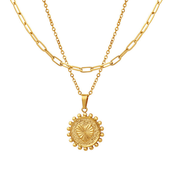 Trendy double-sided double-layer personalized explicit pendant, collarbone chain, relief peach heart sun lace necklace, jewelry, women's 99.