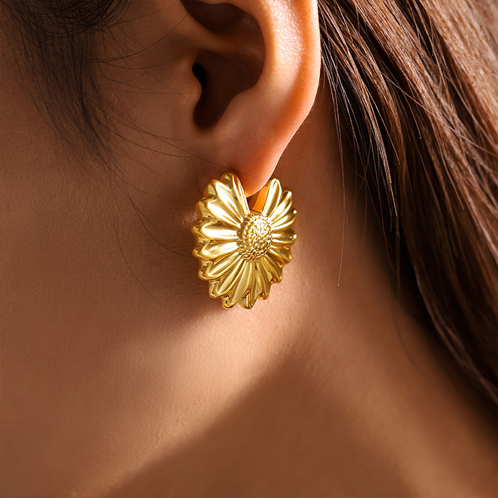 Folded Wave Chrysanthemum Hollow Earrings, Titanium Steel 18K Gold Plated Temperament Irregular Earrings Women