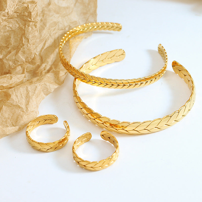 Non-fading opening design wheat ear bracelet personalized ring titanium steel gold-plated jewelry set Z192-A150