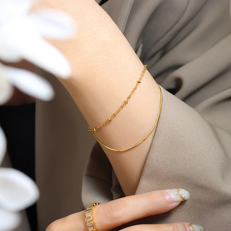 Jewelry Detailed Double-layer Snake Bone Chain Exquisite Bracelet Bag Bead Chain Titanium Steel Plated 18K Gold Jewelry E08599