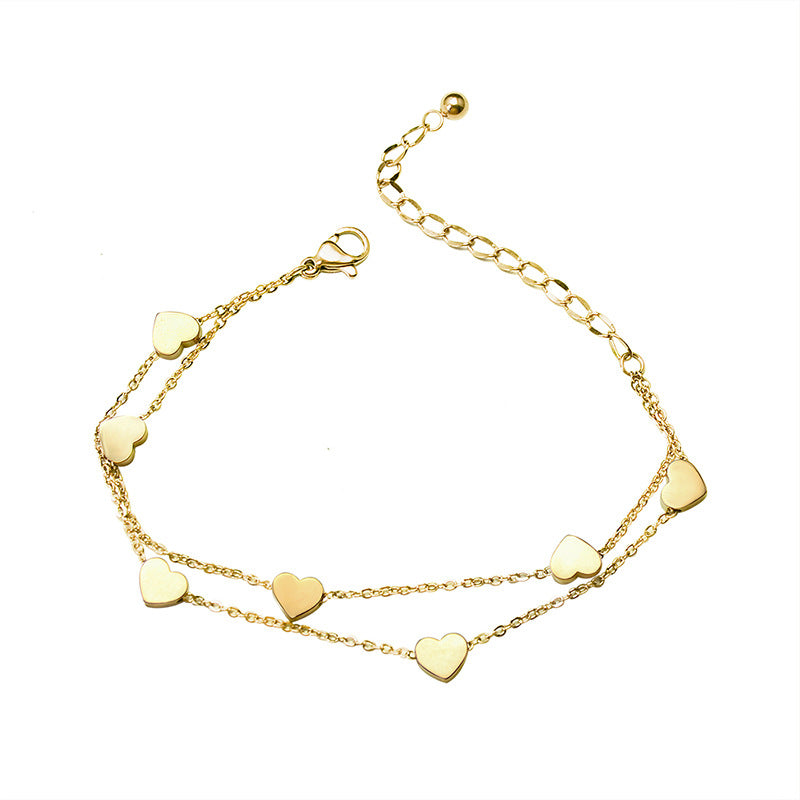 Cold wind light luxury retro trend simple double-layer peach heart titanium steel plated 18 real gold bracelet E054