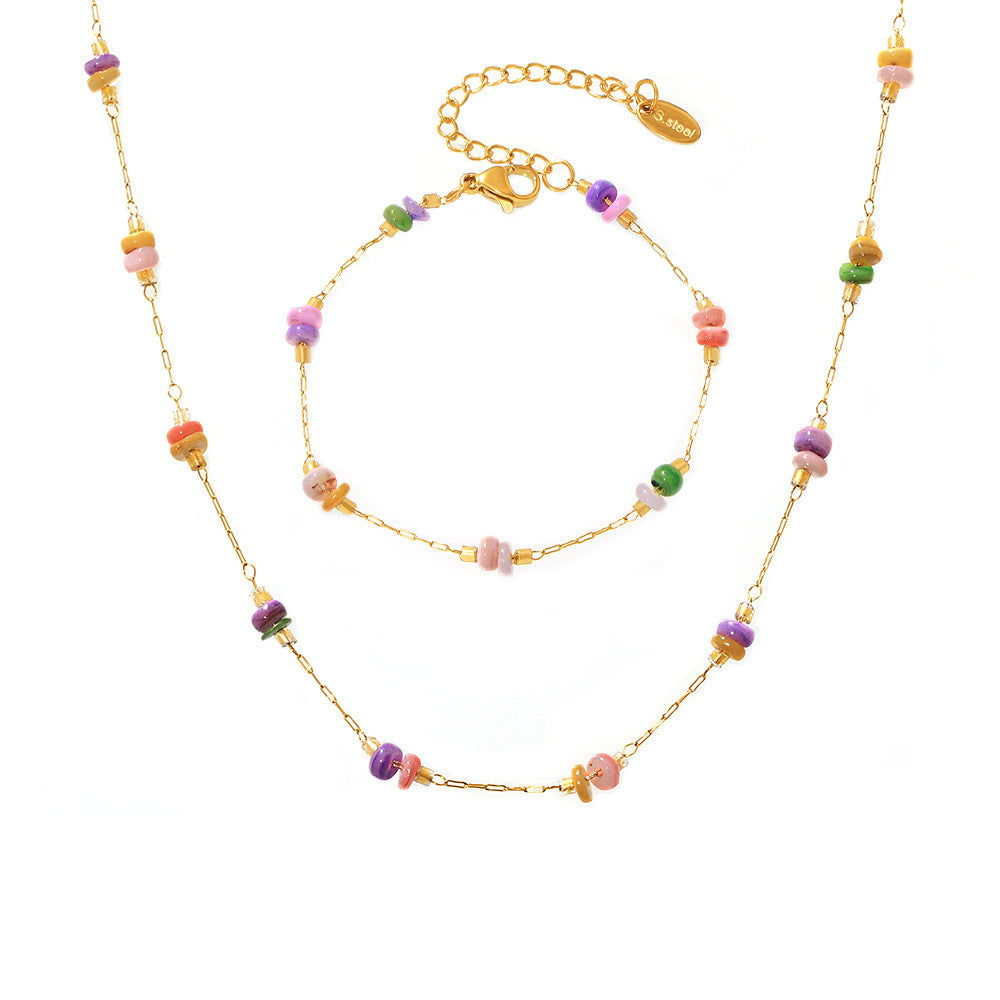 Color natural stone light luxury double-layer necklace bracelet women's stainless steel handmade chain set is available in stock.