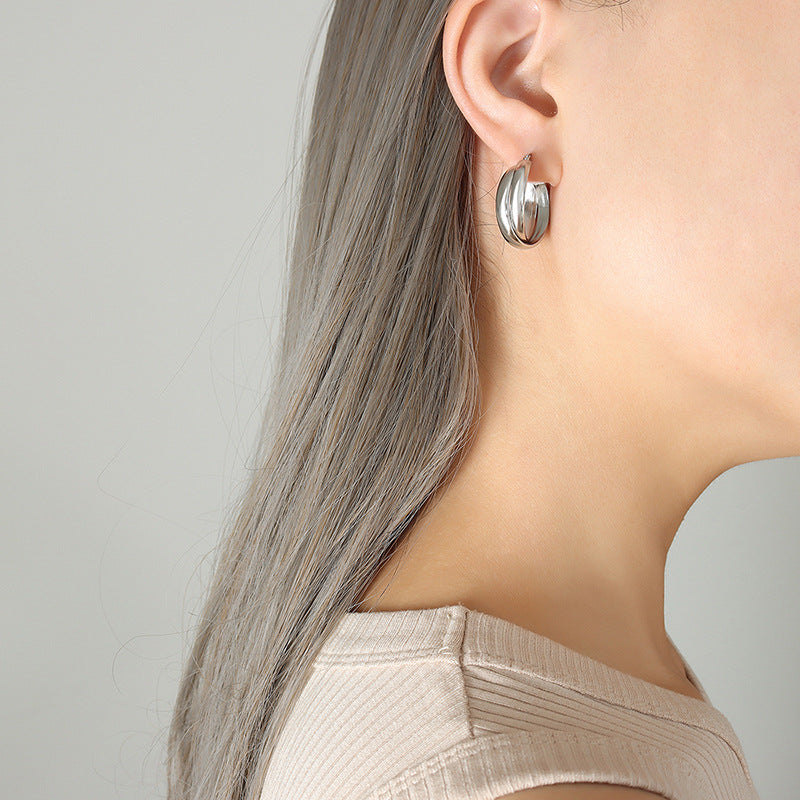 Cold wind and harbor style temperament double spell U shape earrings titanium steel plated 18k gold personalized earrings female F375