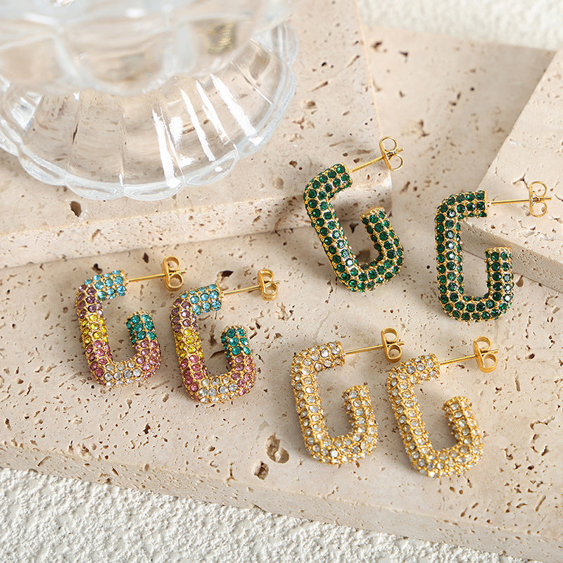 Fashion commuter niche personality inlaid multi-color Czech diamond geometric G-shaped design sense dopamine titanium steel earrings 99