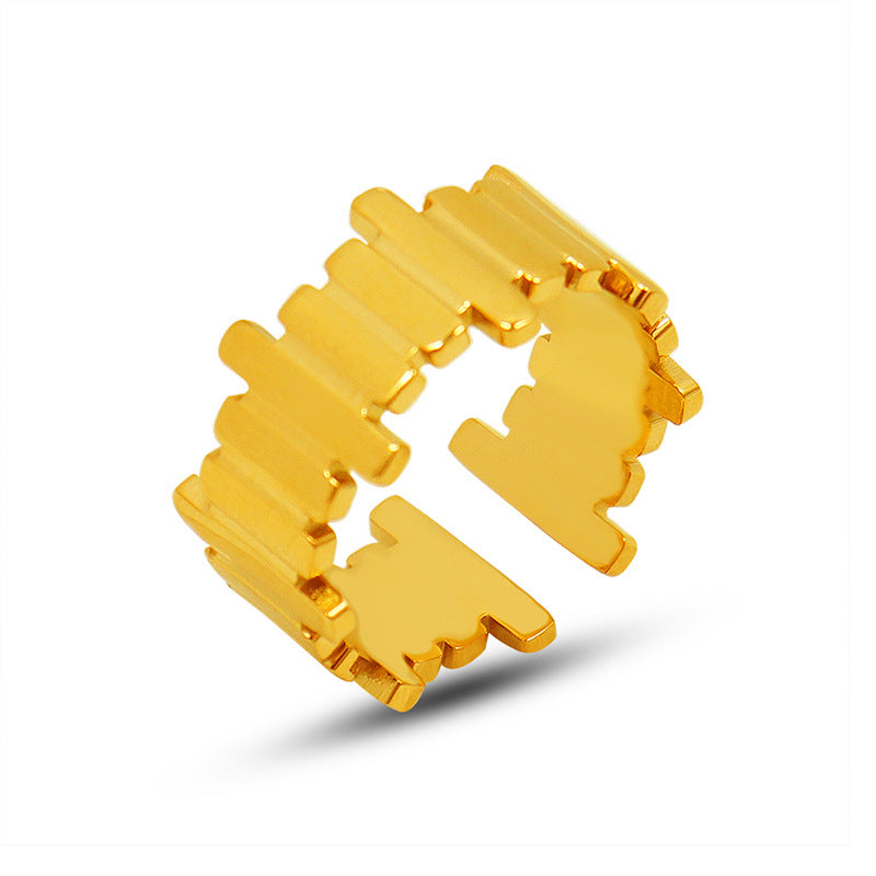Cold wind retro trend geometric long strip opening light luxury ring titanium steel plated 18K real gold hand jewelry