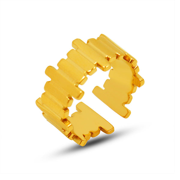 Cold wind retro trend geometric long strip opening light luxury ring titanium steel plated 18K real gold hand jewelry