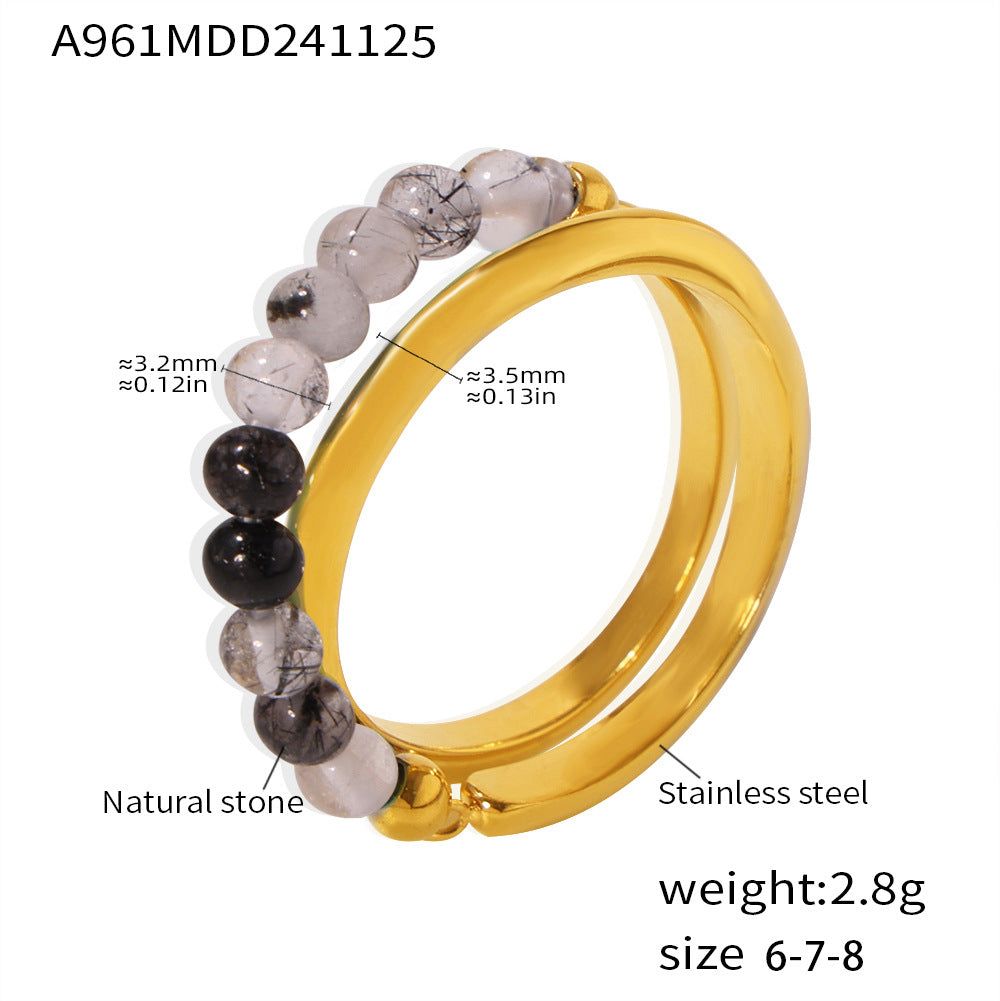 Wind natural stone beaded double-layer ring, women's stainless steel plated with 18k real gold, European and American niche with 99.