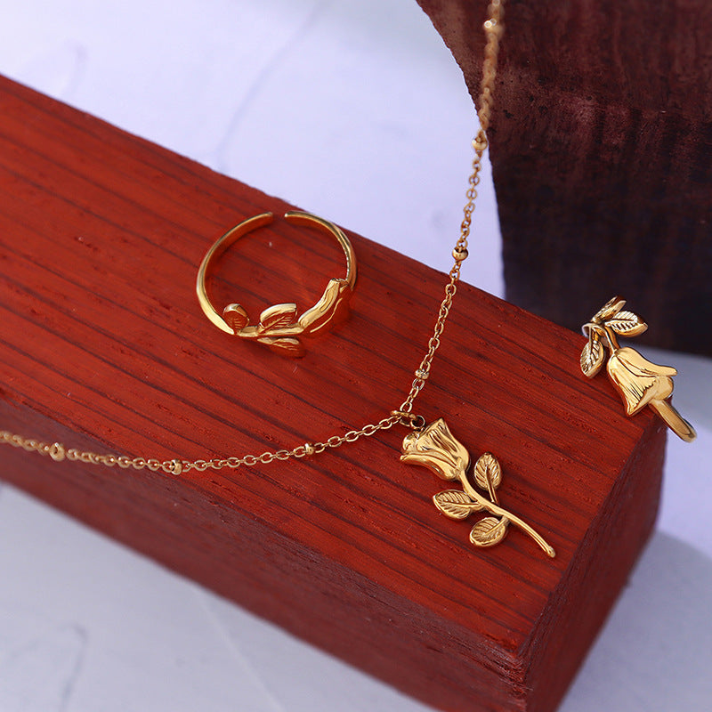 Trendy versatile fashion sweet Internet celebrity accessories, rose ring necklace jewelry set wholesale pp