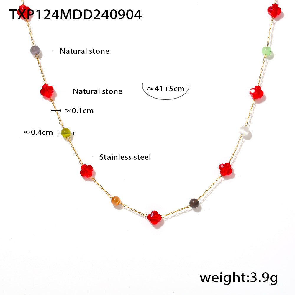 Colorful natural stone collarbone necklace bracelet, stainless steel niche dopamine handmade chain set for women