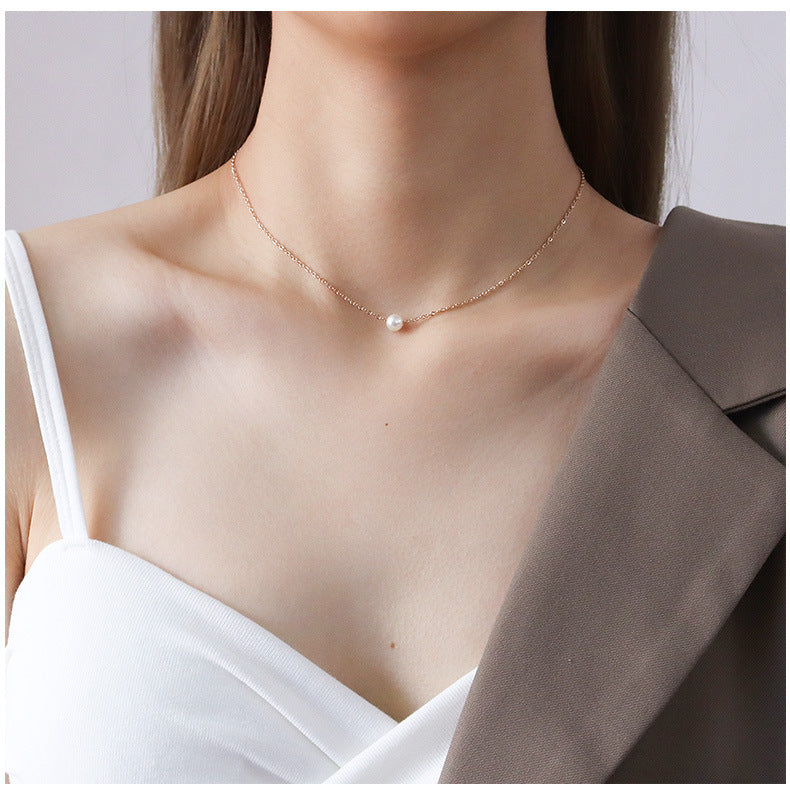 Cold wind chocker titanium steel plated 18K gold imitation pearl pendant necklace women's collarbone neck chain