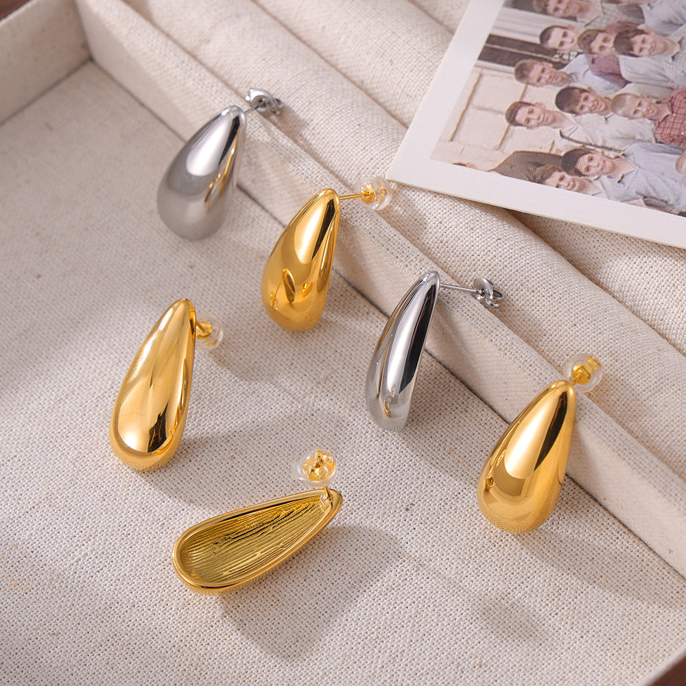 Water drop shape smooth titanium steel earrings niche new cold wind simple fashion casual wind earrings pp