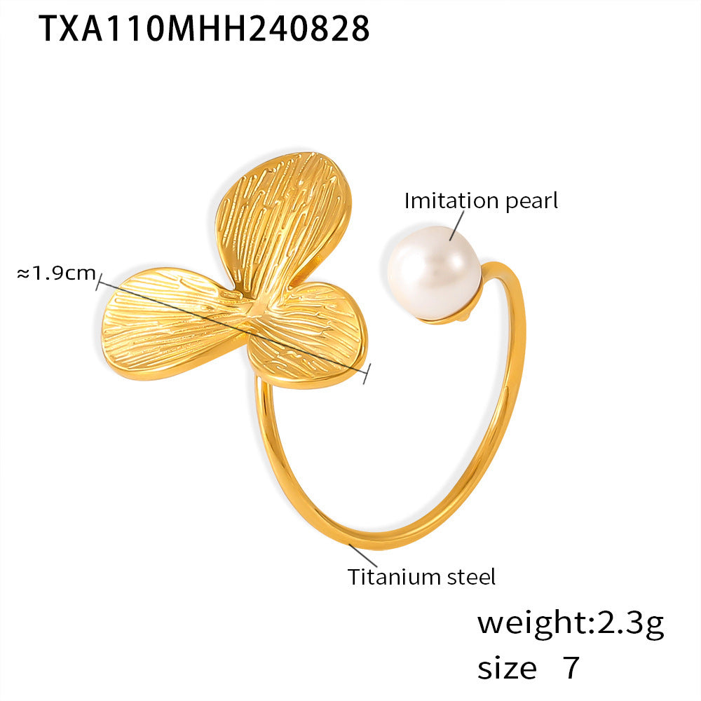 Light Luxury Pearl Flower Ring Titanium Steel 18k Gold Non-Fading Opening Adjustable Ring Fashion Earrings