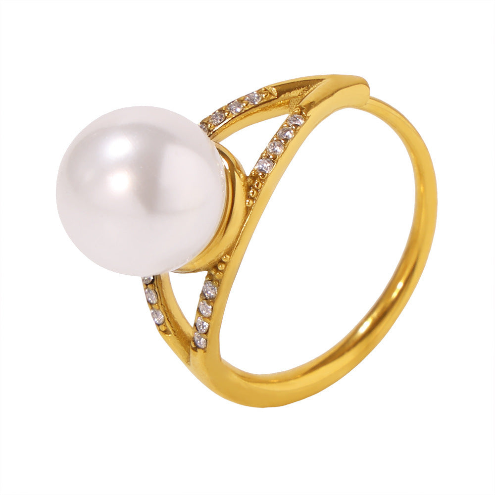 Handmade inlaid zircon imitation pearl ring women's niche side opening high-version texture non-fading jewelry pp