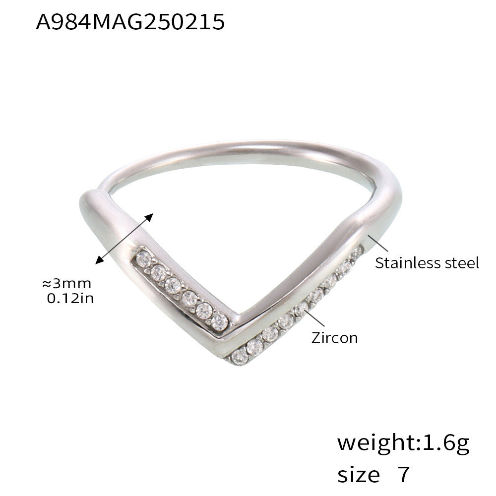 V-shaped diamond 5A zircon side opening adjustable stainless steel ring women's non-fading index finger ring