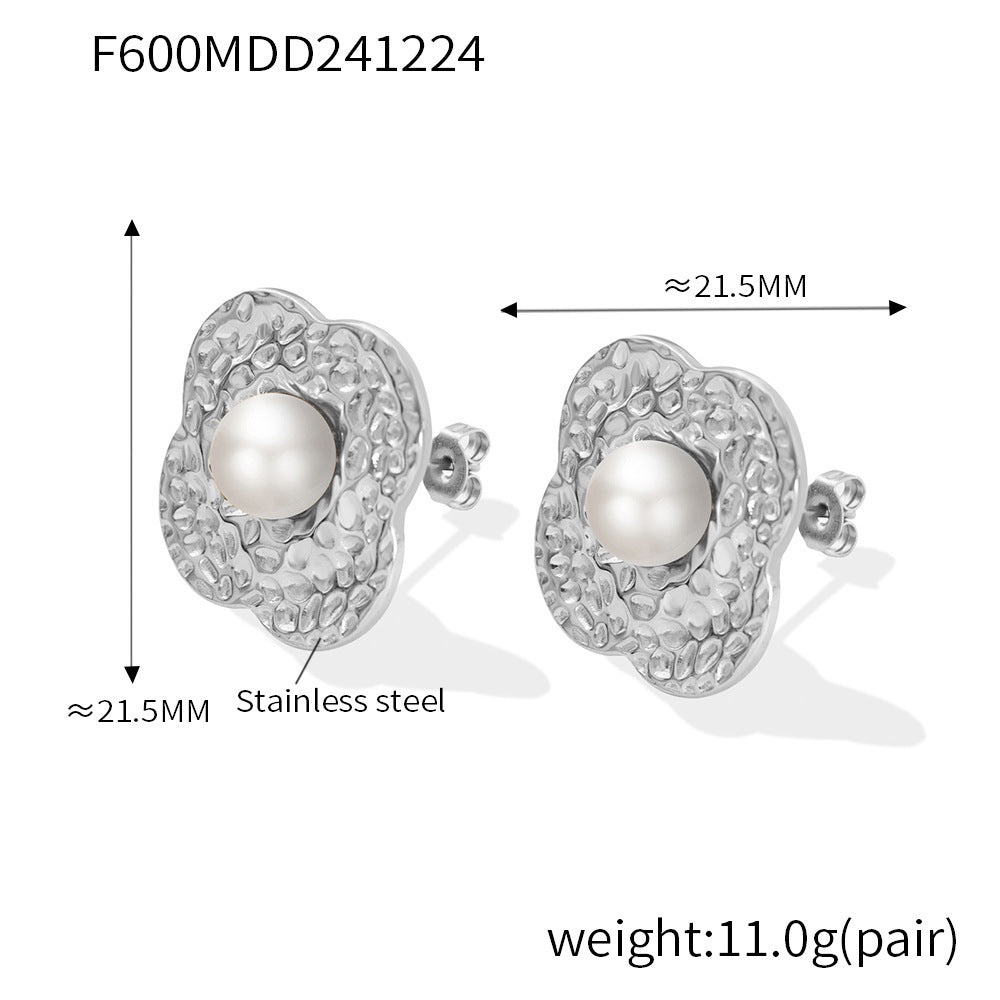 Textured petals flower inlaid bead stud earrings stainless steel electroplated 18K real gold earrings earrings combination