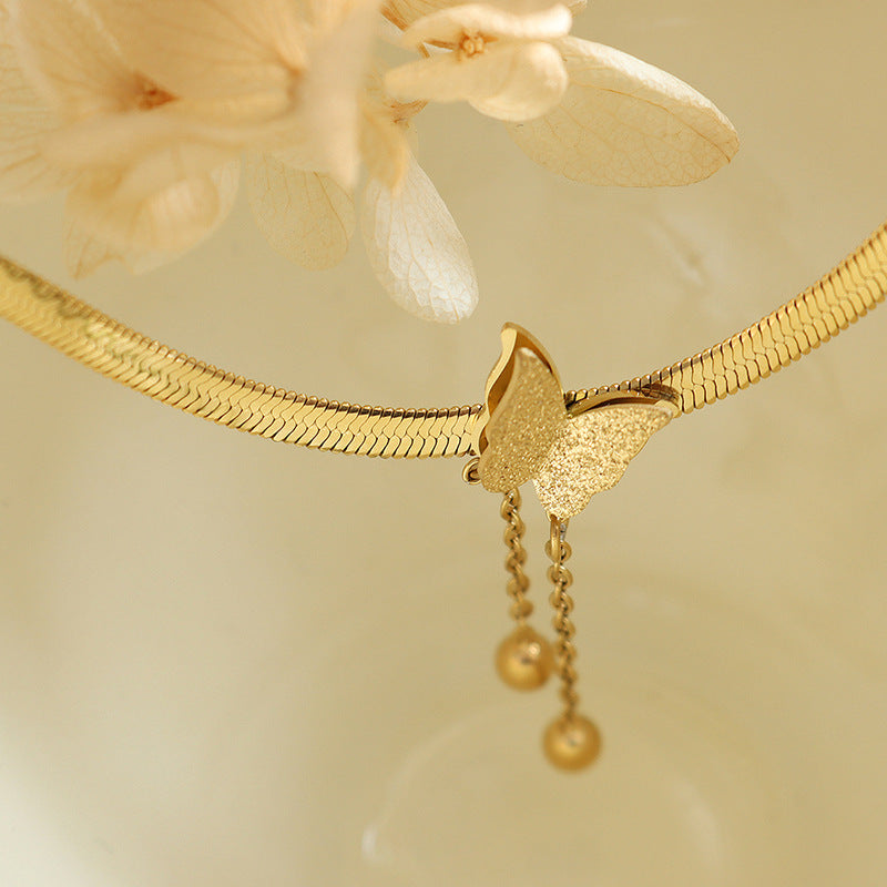 Blade chain frosted butterfly tassel steel ball sexy necklace Mori elegant temperament niche personalized jewelry P513