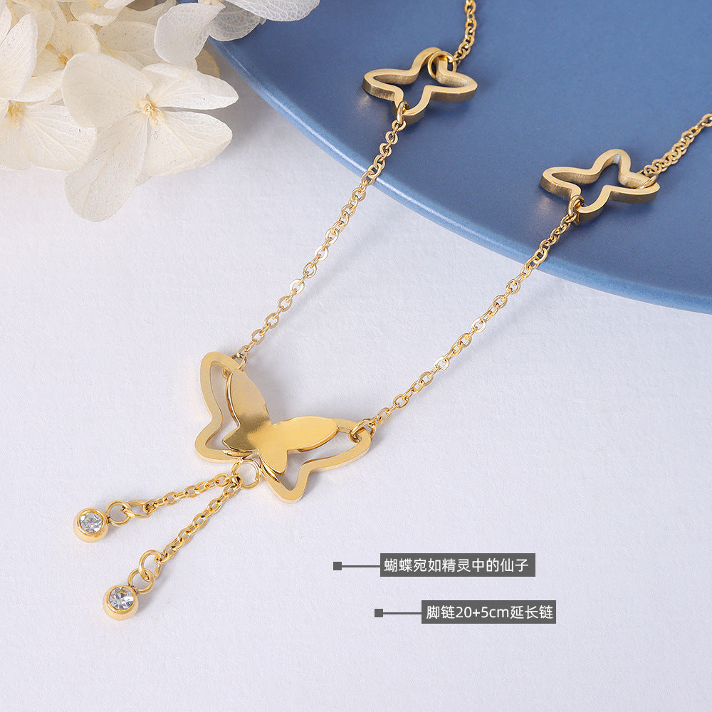 Butterfly tassel anklet stainless steel plated with 18K real gold, non-fading, non-allergic, color-retaining jewelry, one piece is sent on behalf of others.