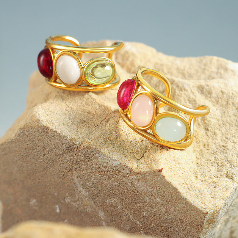 Light luxury retro court style mixed color titanium steel plated 18K gold open ring geometric design jewelry femininity pp