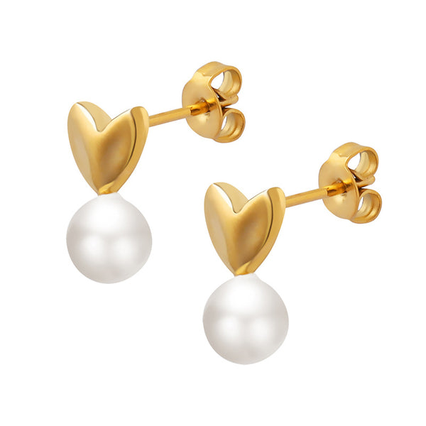 Temperament retro temperament imitation pearl peach heart earrings, titanium steel plated 18K gold stud earrings niche design earrings