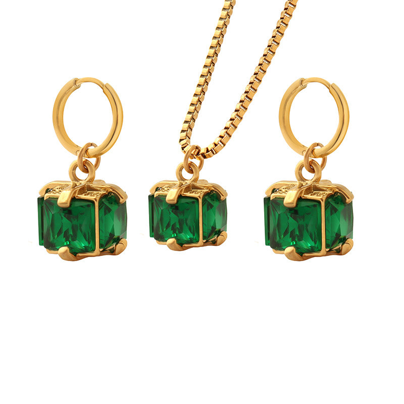 Cold wind niche design non-fading titanium steel four-claw buckle emerald zircon necklace earrings jewelry set