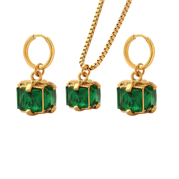 Cold wind niche design non-fading titanium steel four-claw buckle emerald zircon necklace earrings jewelry set
