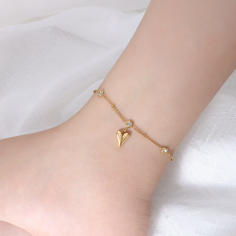 Marka niche design sense versatile titanium steel plated 18k gold zircon peach heart anklet jewelry women