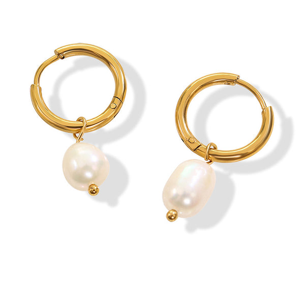 Vintage earrings, freshwater pearl loop earrings, titanium steel 18K plated real gold jewelry cold wind