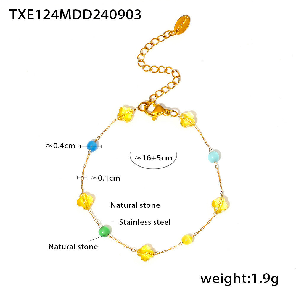 Colorful natural stone collarbone necklace bracelet, stainless steel niche dopamine handmade chain set for women