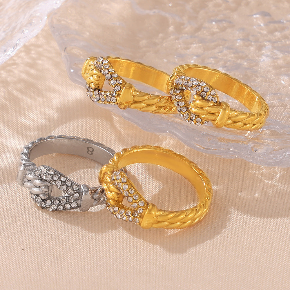 Hot-selling diamond-set twist edge ring women's versatile personality design titanium steel plated 18k gold new index finger ring pp