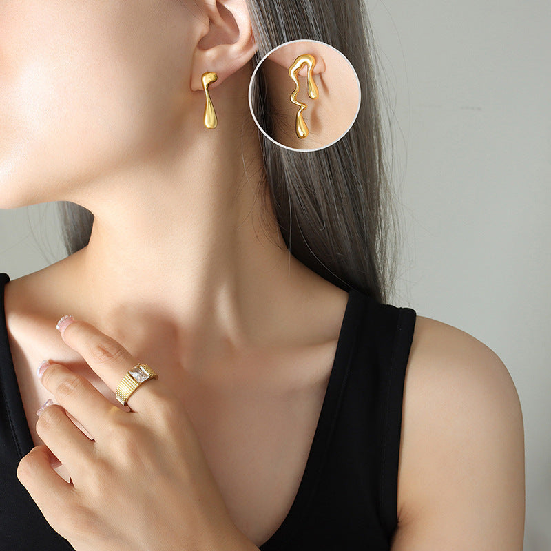 Niche personality unique design special-shaped asymmetric earrings, titanium steel plated 18K gold fashionable new stud earrings 99