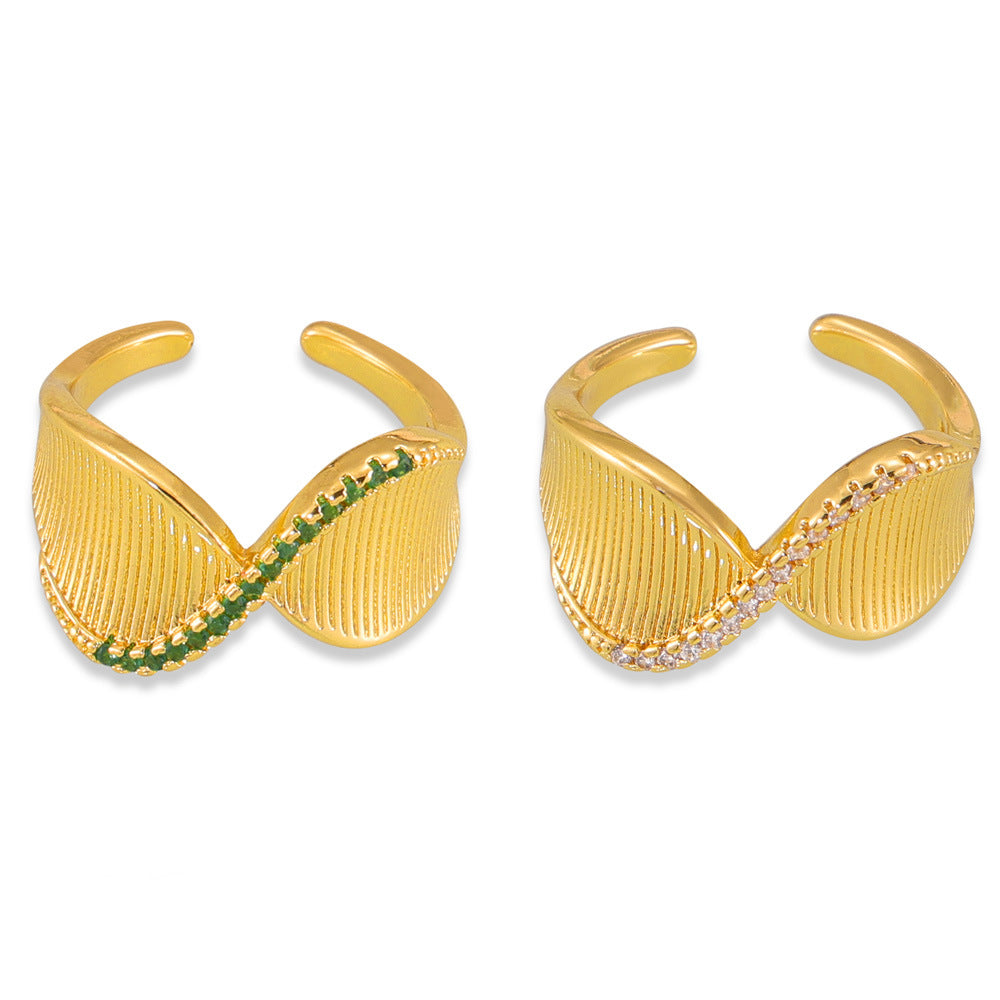 Fashion commuting, simple and cold wind, personalized jewelry, twisted shape, striped design, inlaid with colored diamonds, copper ring