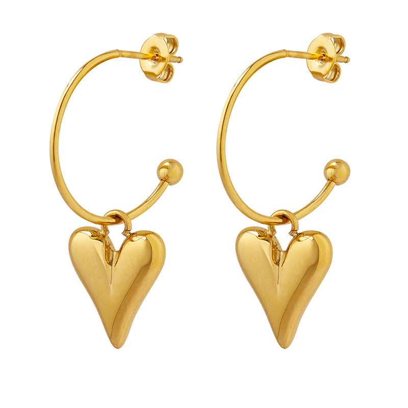 Trend fashion personality love peach heart pendant earrings titanium steel gold-plated temperament ear jewelry F329