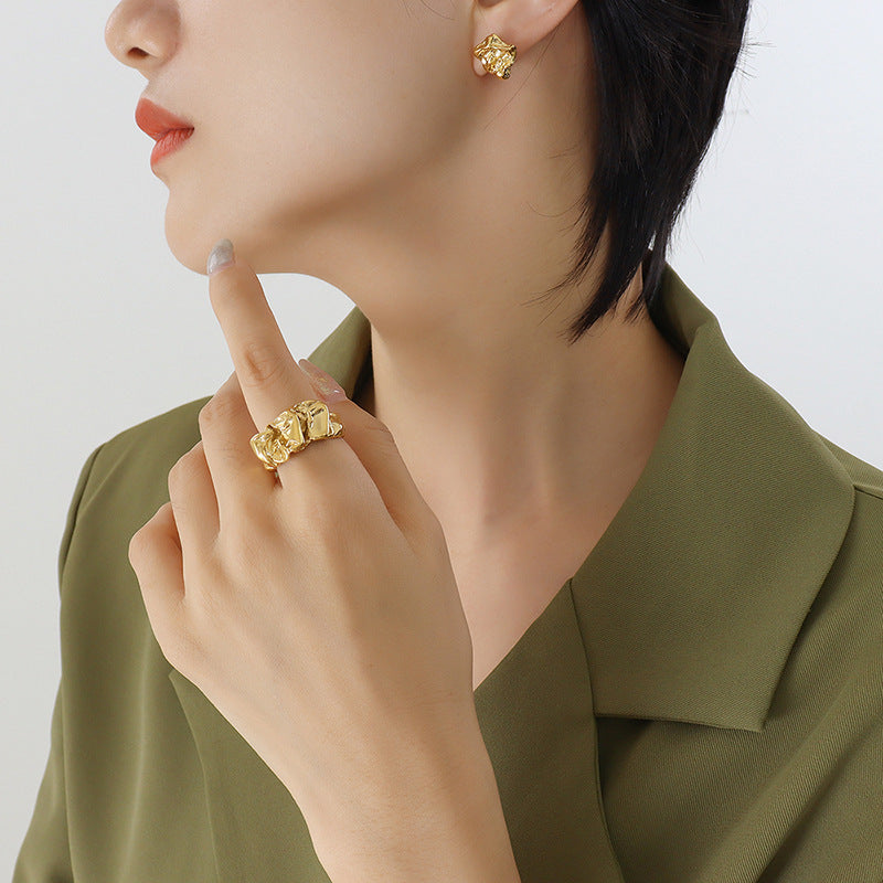 Women's retro temperament personalized style niche design embossed chic concave-convex ring earrings jewelry set pp
